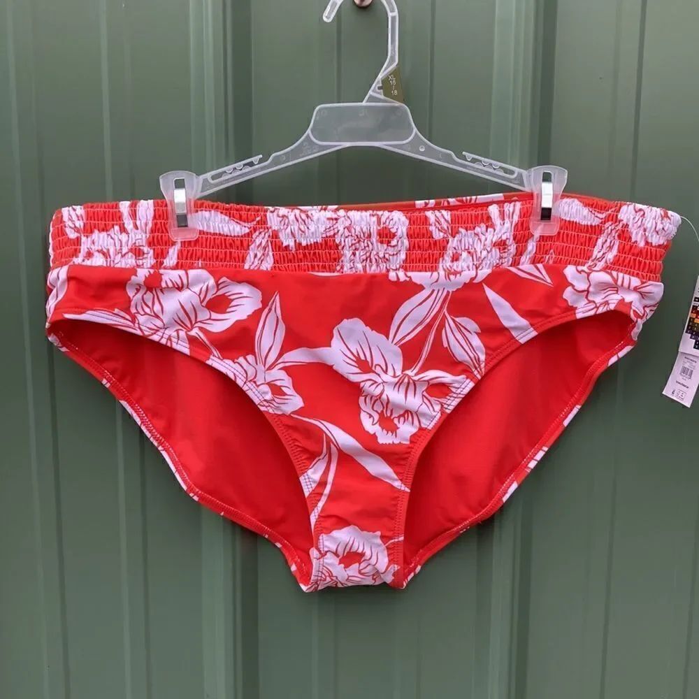 Women's Mid Rise Smocked Swim Bottoms Swimsuit Bathing Suit Hawaiian Size XL